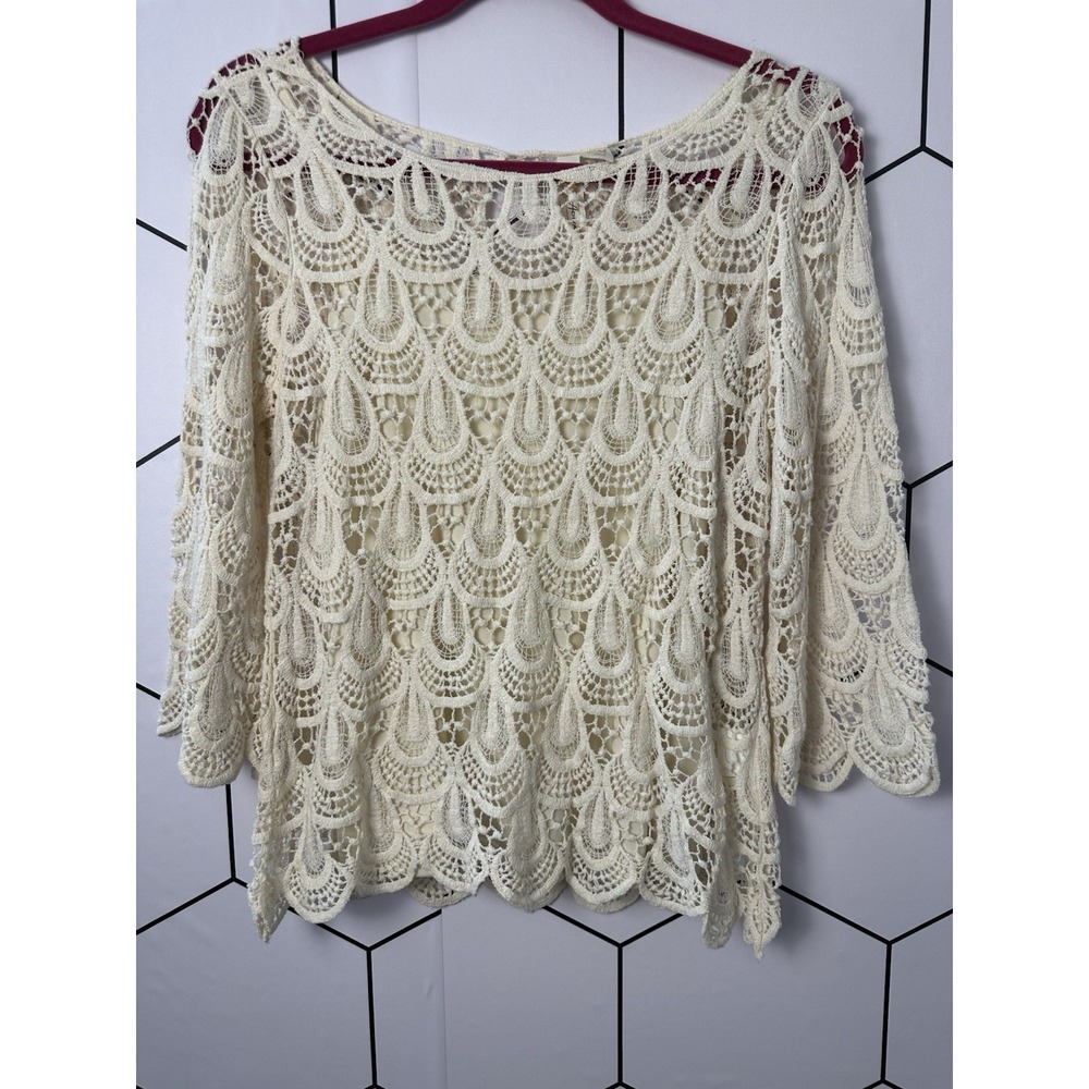 Adiva Women's Top Lace Ivory 3/4 Bell Sleeve Lined Size PM